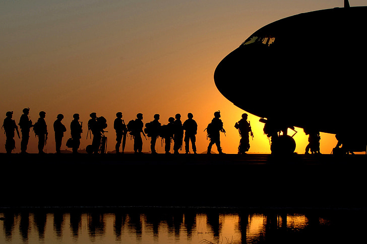 plane, soldiers, sunrise, sky, clouds, aircraft, transport