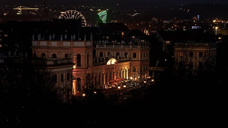 Kassel, fotografia de nit, groc, vell, hivernacle, Palau de la ciutat, cel