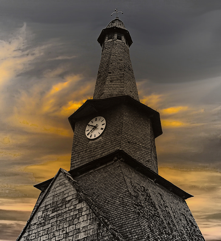 aguja torcida, torre antigua, Torre iglesia, spire francés, reloj de iglesia, antigua torre, madera