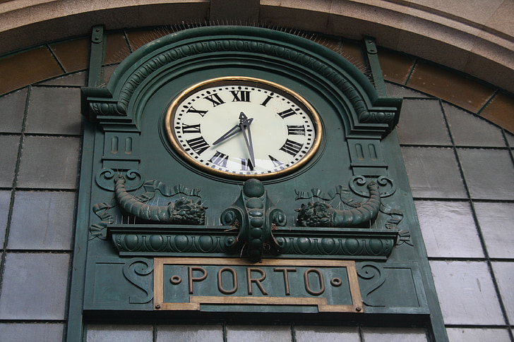 station clock, porto, são bento, clock, time, portugal, architecture