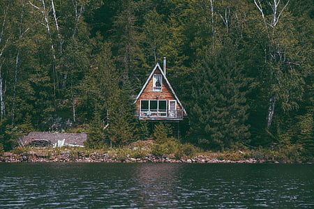 ruskea, valkoinen, puinen, House, vieressä, River, kuva