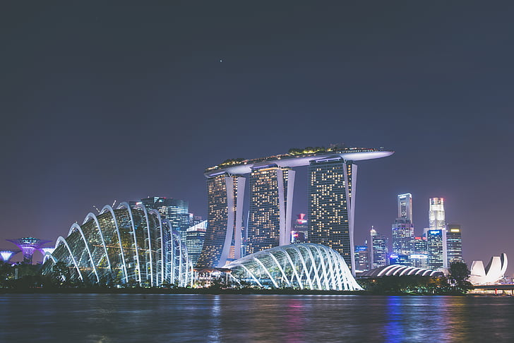 Marina, Bay, sand, Singapore, nighttime, natt, skyskraper