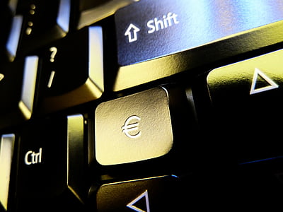 tastatur, knappen, computer, sort, gul, penge, euro