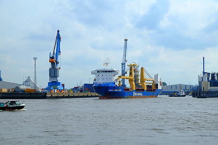 Hamburgo, Puerto, Puerto de Hamburgo, ciudad de Hanseatic, las naves, grúas portuarias, nave de envase