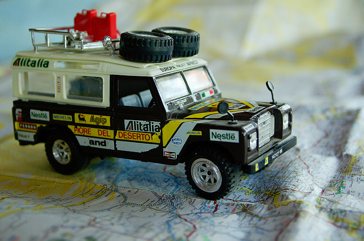 Land rover, ralli raid, matkustaa, 4 x 4, miniatyyri, kartta