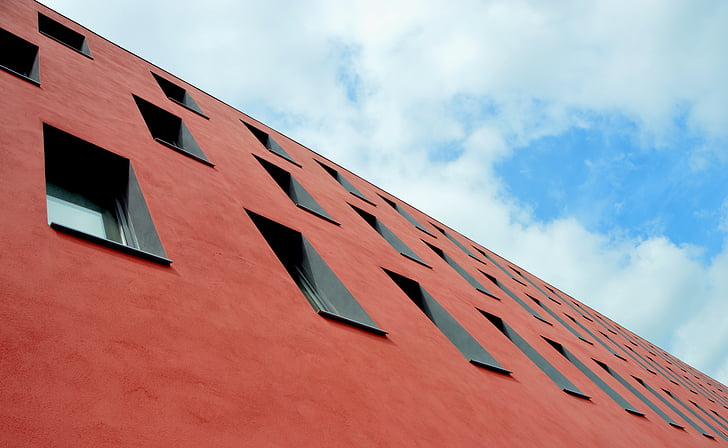 building, clouds, perspective, sky, windows, architecture, red