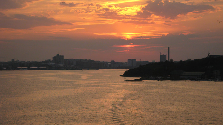zachód słońca, Przylądek Północny, Finlandia, pomarańczowe niebo, Krajobraz miejski, wody, morze