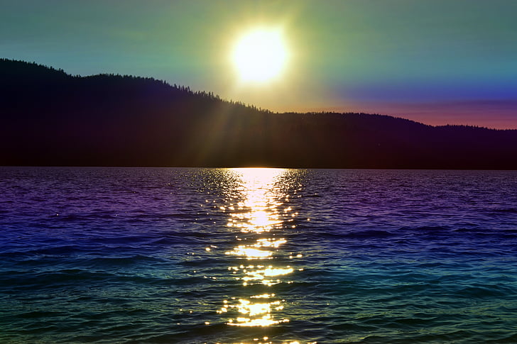 naplemente, szivárvány színű, nap, víz, tó, Hill, hullámok