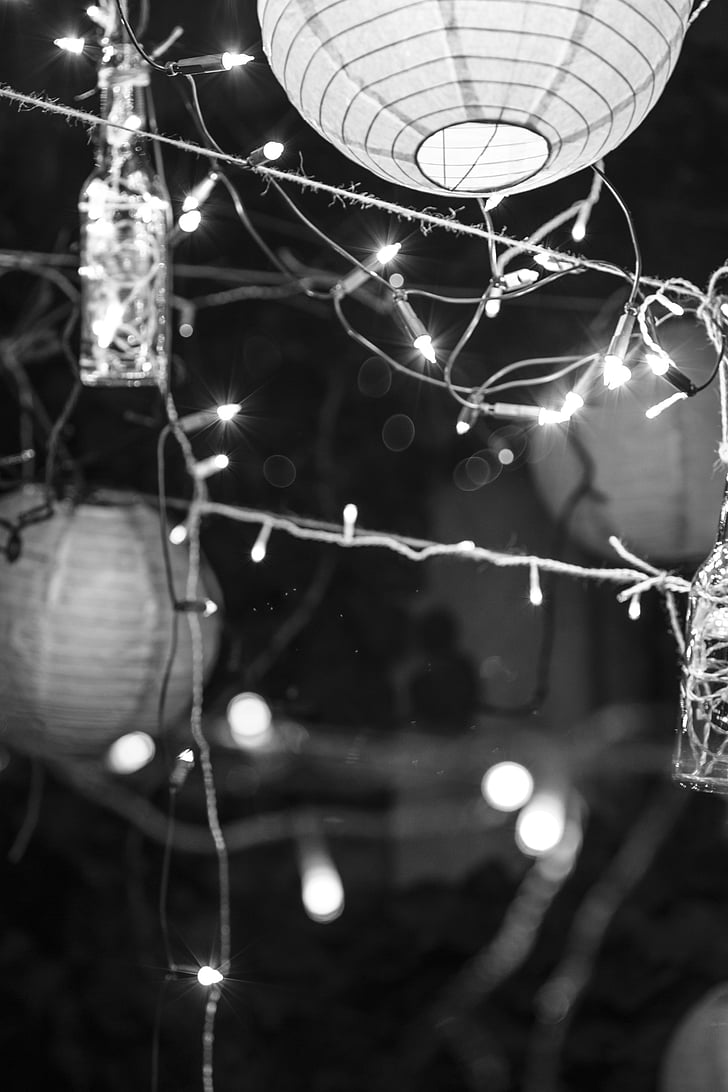 en blanc i negre, llums de Nadal, decoració, llums, llums de corda