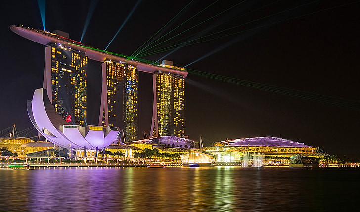 singapore, night, laser show, architecture, water, city, skyline