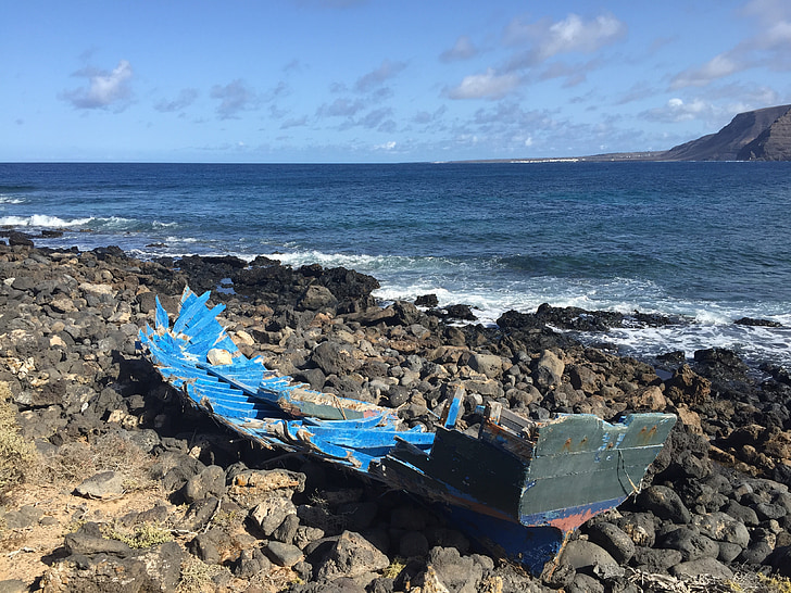 shipwreck, barca, blue, island, canary islands, volcano, sea