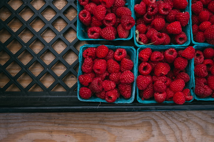 raspberries, fruit, cartons, food, fresh, juicy, ripe