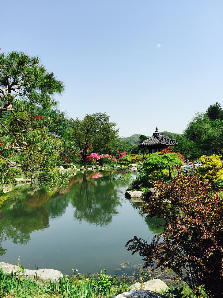 Kolam, Belvedere, Danau, pemandangan, tepat waktu, Republik korea, kayu
