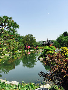pond, belvedere, lake, landscape, on time, republic of korea, wood