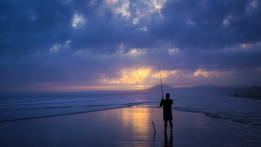 pescador, à beira-mar, mar, pesca, Costa, praia, oceano
