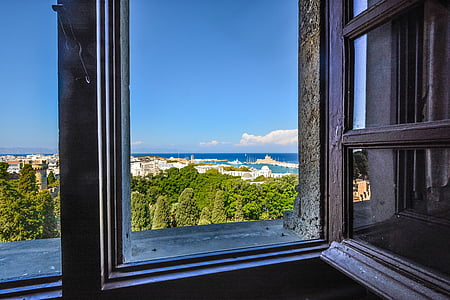 Mediterania, jendela, laut, Rhodes, Yunani, Yunani, pemandangan
