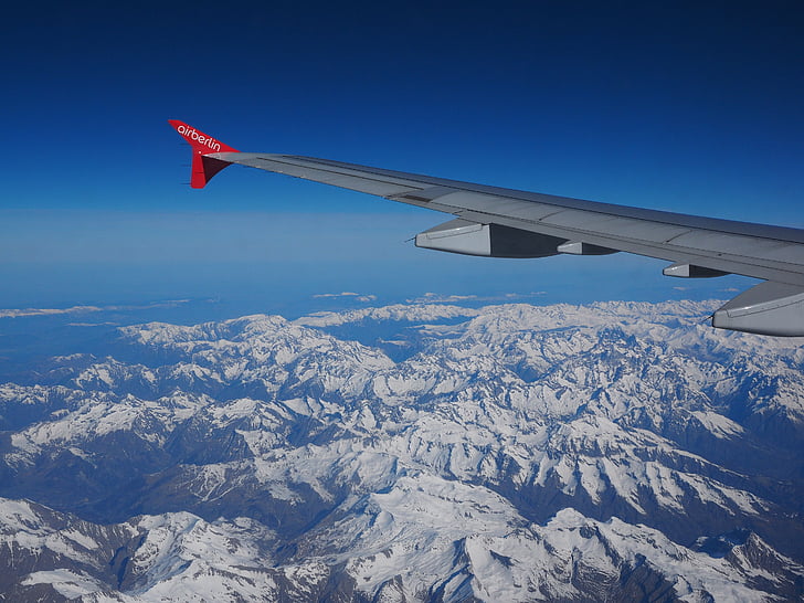 Letecký pohled, luftbildaufnahme, alpské, hory, Berger, letadla, křídlo