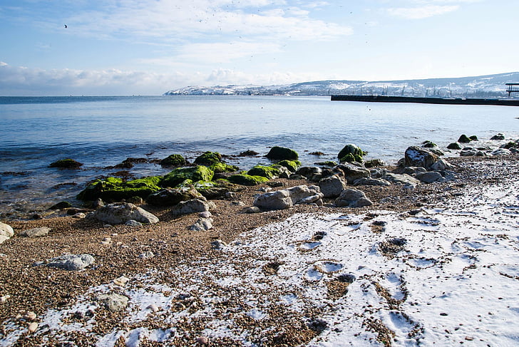 зимни, море, Крим, брегова линия, плаж, природата, рок - обект