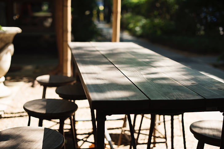 tavolo, sedie, soleggiato, giorno, ombra, di fuori, legno - materiale