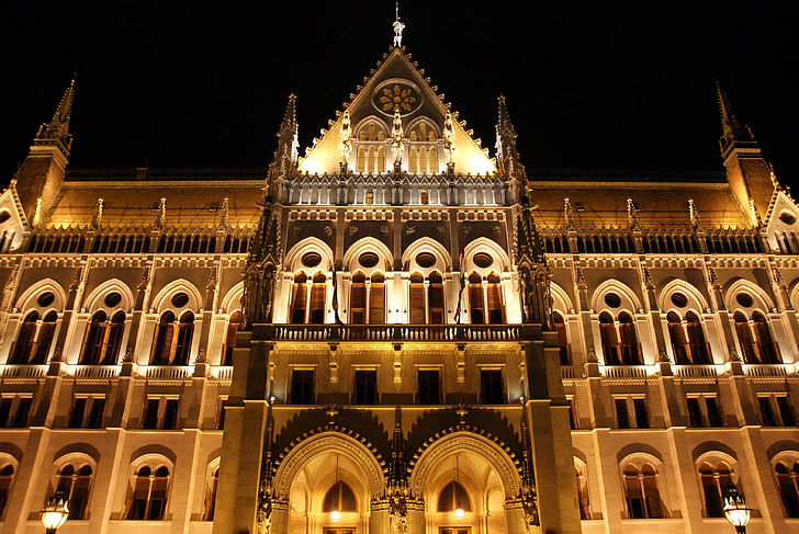 нощ, светлини, град, парламент, Будапеща, архитектура, капитал