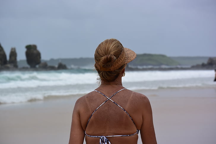 woman, beach, noronha, island, back view, summer