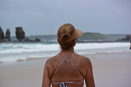 kvinna, stranden, Noronha, ön, bakifrån, sommar