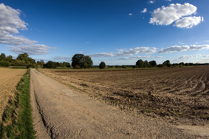 clouds, panorama, arable, lane, field, farm, landscape