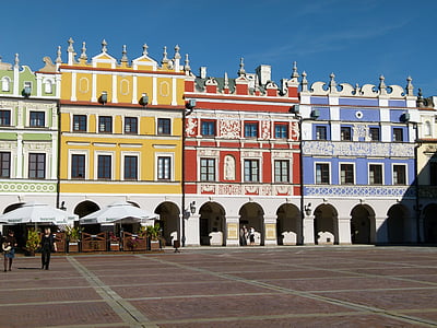 Zamość, trên thị trường, nhà phố, Đài kỷ niệm, thị trấn cũ, nhà cổ, Ba Lan