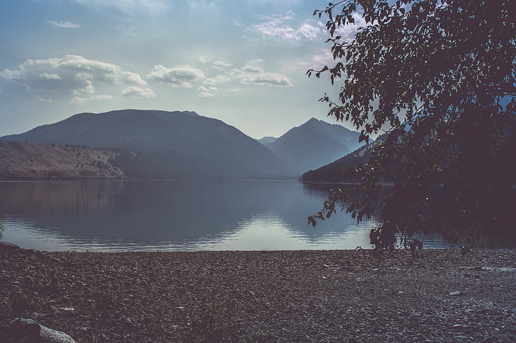 pláž, mraky, pobřeží, Dawn, denní světlo, mlha, jezero