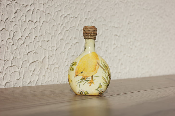 yellow bottle, chicken, decoupage, handmade
