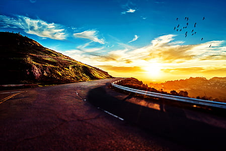 road, mountain, sunset, sky, idyllic
