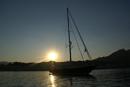 sunset, landscape, taormina, boat, ship, tradition, sea