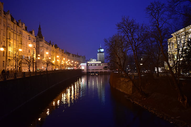 město, noční, světla, Praha, řeka, lampy, záře
