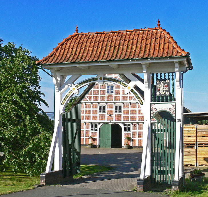 entrada de auto, viejo país, Elbmarsch, fachada, inscripción, Fachwerkhaus, Baja Sajonia