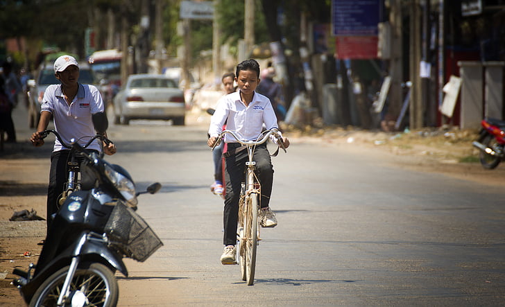 bicicleta, estrada, retrato, crianças, viagens, fotografia, Camboja