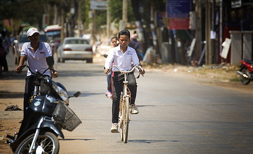 велосипед, дорога, Портрет, дети, путешествия, фотография, Камбоджа