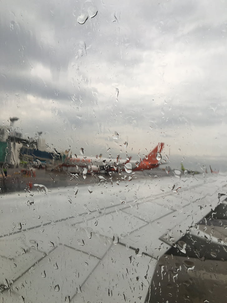 αεροπλάνο, απογείωση, σύννεφο, σταγόνες βροχής, μη, στάλα, παράθυρο
