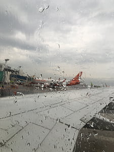 비행기, 이륙, 클라우드, 빗방울, 비, 세 류, 창