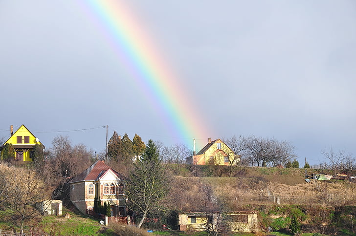 winter, rainbow, nature, houses