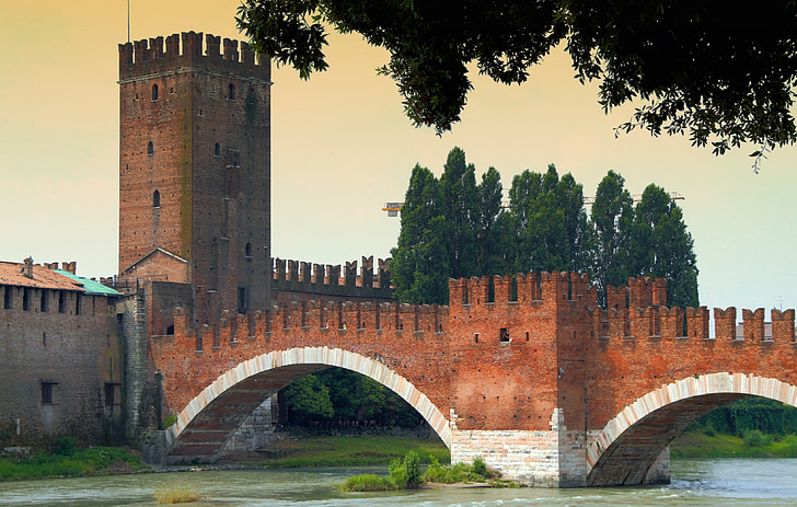 tur, Arch, tegel, medeltida, slott, Verona, Italien