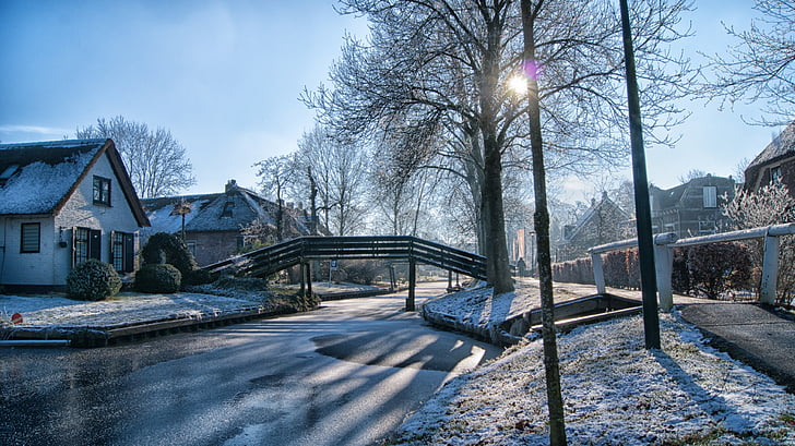 Giethoorn, musim dingin, embun beku, Belanda, beku, alam, es