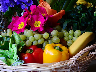 야채, 과일, 파프리카, 바나나, 포도, 키 위, 꽃