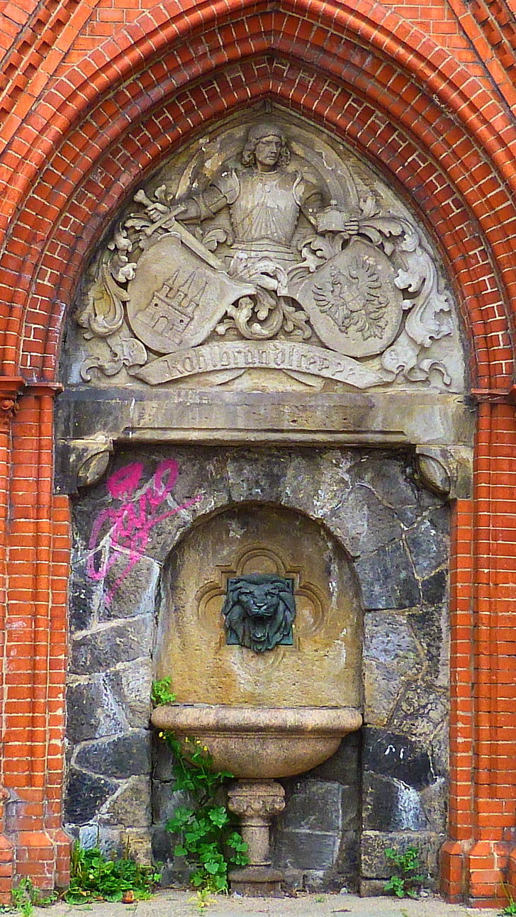 fuente, Hamburgo, St pauli, antiguo, ornamento de, capa de brazos, piedra