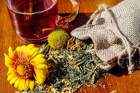 tee, herbs, mix, dried, glass, drink, teatime