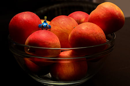 maçãs, tigela, brinquedo, pequeno, Figura, frutas, saudável