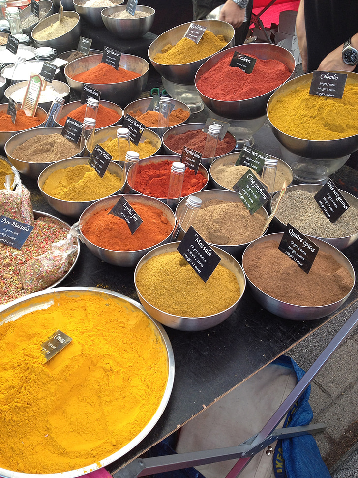 začimbe, rumena, oranžna, rdeča, v prahu, začinjene, curry