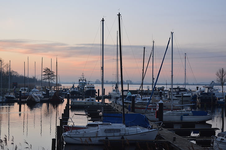 boats, sea, port, sunrise