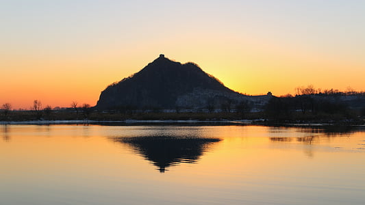 Nordkorea, solnedgång, Yalufloden