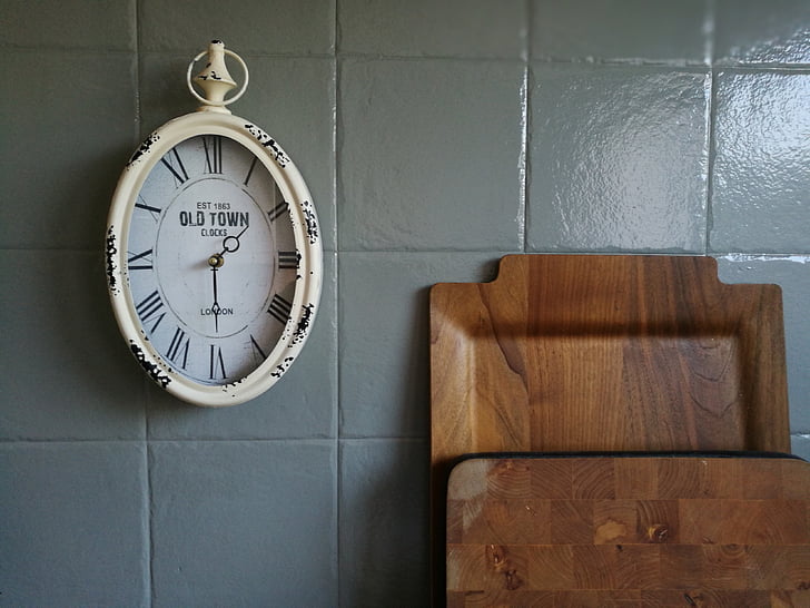 tray, time, clock, grey, wood, kitchen