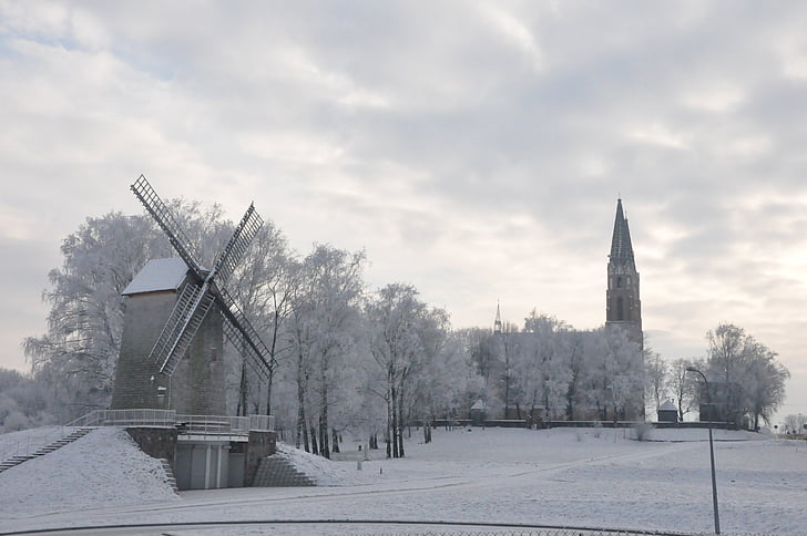 Podlasie, musim dingin, kincir angin, Biel, Gereja